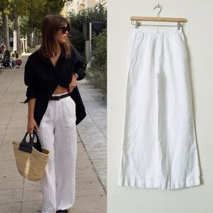 Posse White High-Waist Wide-Leg Linen Trousers